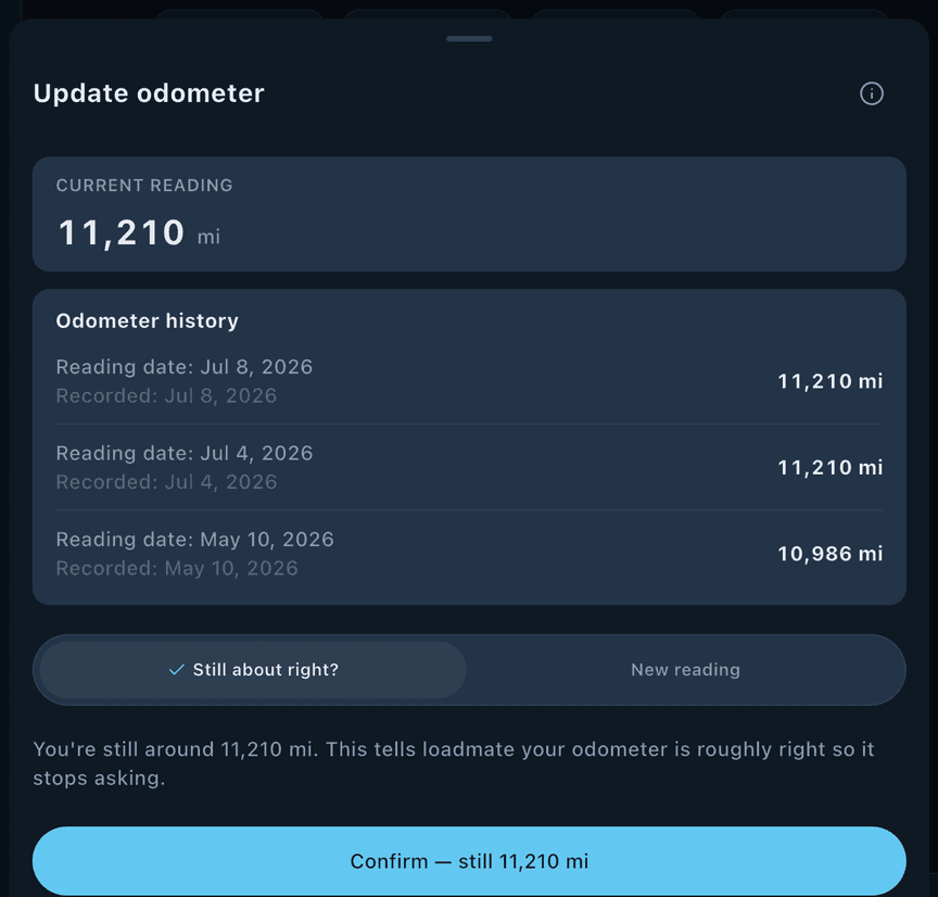 loadmate app: trip-end odometer prompt confirming the trailer's mileage