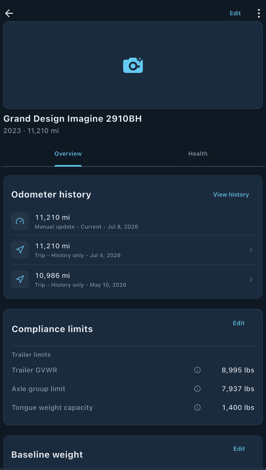 loadmate app: travel trailer profile with its own odometer reading in miles and update history