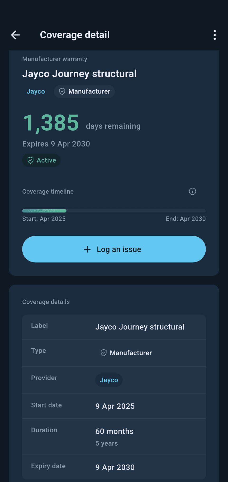loadmate app: coverage detail with expiry countdown
