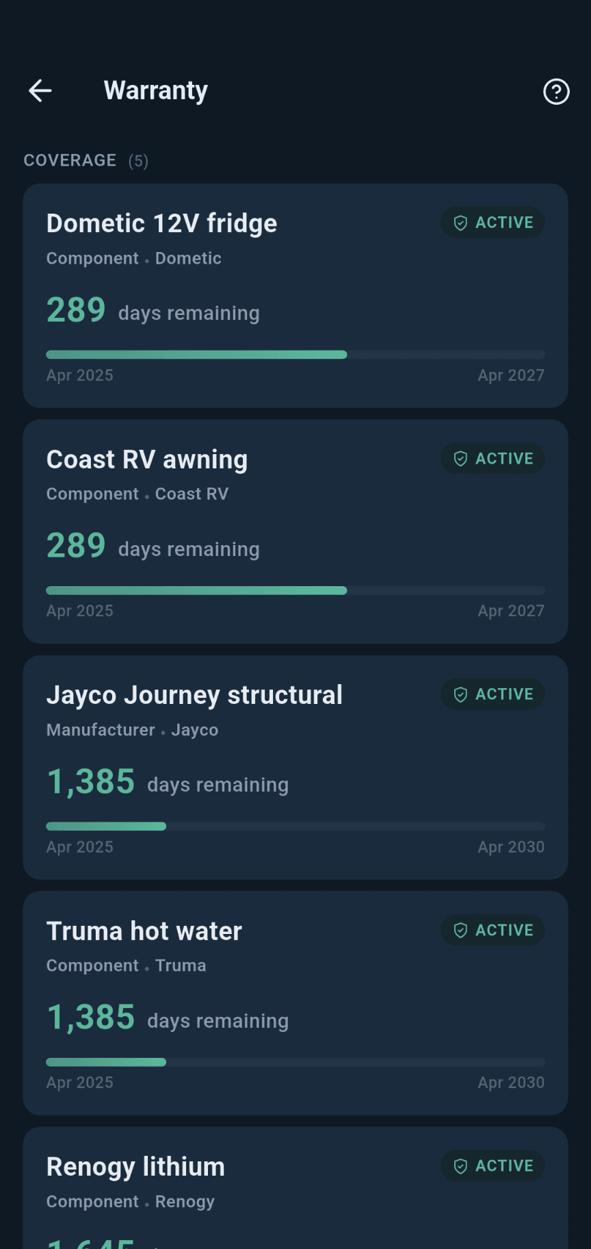 loadmate app: warranty coverage list for the rig