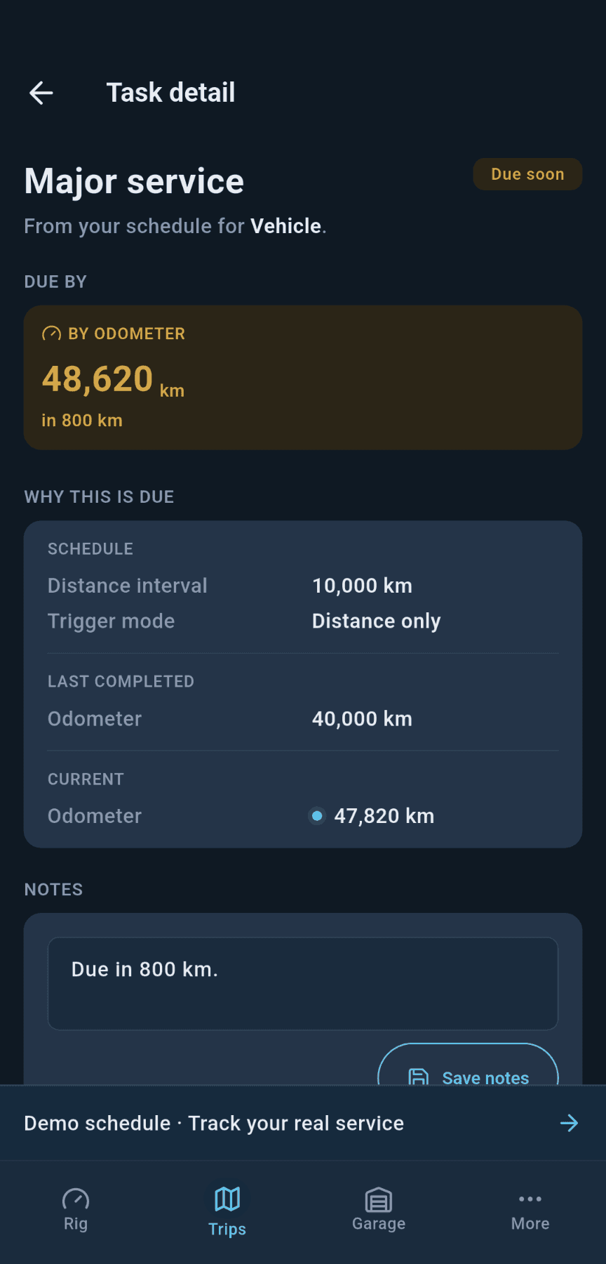 loadmate app: a distance-based maintenance task counting down from the van's odometer