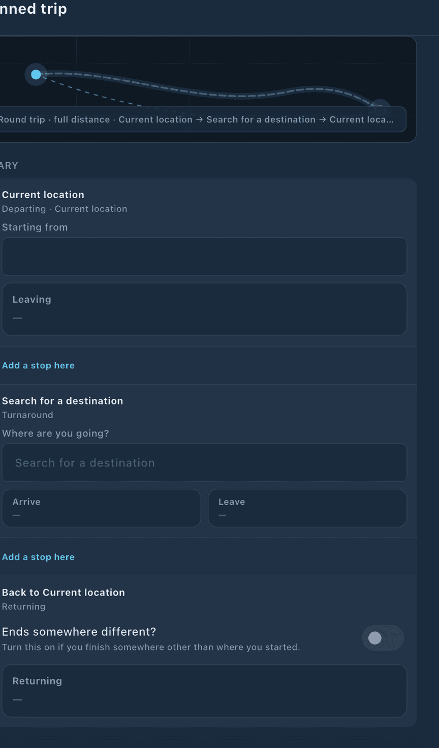 loadmate app: planning a travel trailer trip with departure, destination and dates