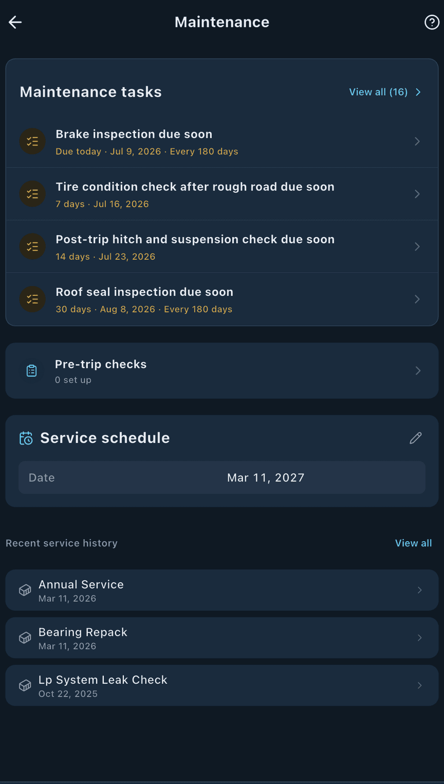loadmate app: trailer maintenance tasks counting down to their next service, with brake inspection due today
