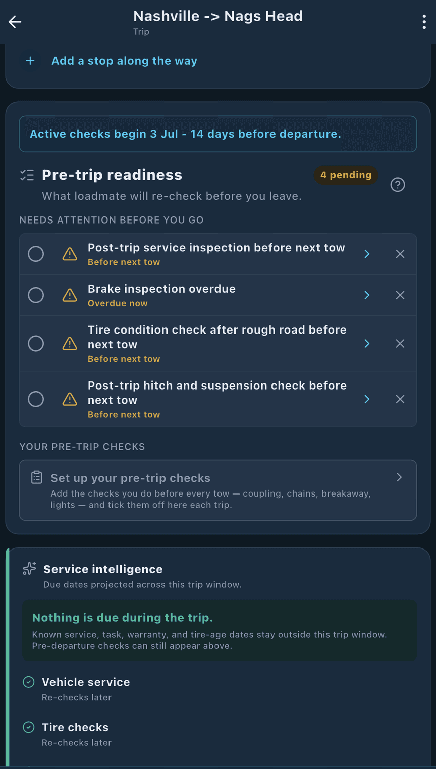 loadmate app: pre-trip sweep flagging the checks that need attention before you go