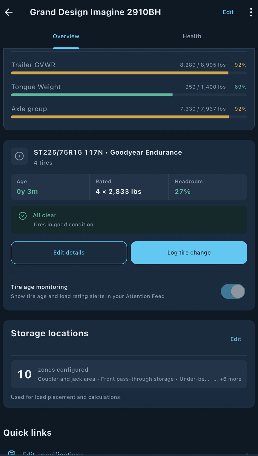 loadmate app: travel trailer tire card showing age tracked from the sidewall DOT date