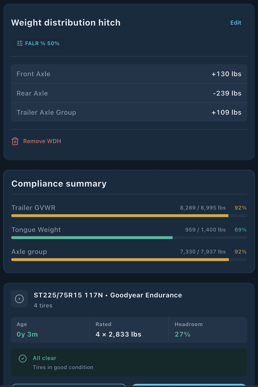 loadmate app: trailer tire load-rating headroom checked against the loaded axle and GVWR figures