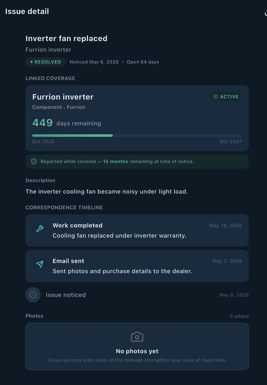 loadmate app: a warranty case file with a dated timeline of every call, email and shop visit