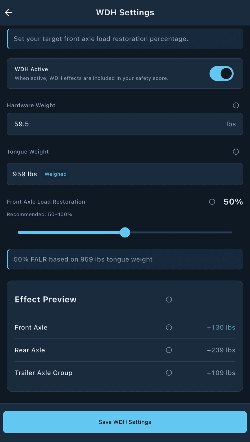 loadmate app: weight distribution hitch in FALR mode with the front-axle restoration percentage slider and the three live axle effects in lbs